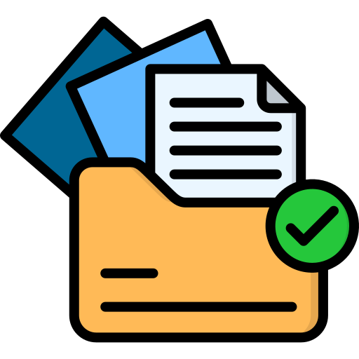 A flat icon of a yellow folder containing documents, with a green checkmark symbol, representing organized files, successful documentation, completed audits, or verified records.