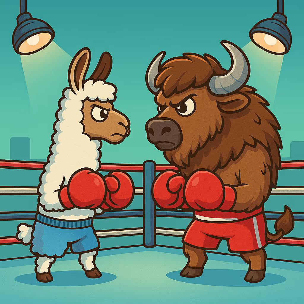 Cartoon illustration of a boxing match between a buffalo and a llama, with both characters wearing boxing gloves and gear. The buffalo, representing the Buffaly system, is in red gear, while the llama wears blue. The match takes place in a boxing ring under spotlights, symbolizing a playful competition or rivalry.